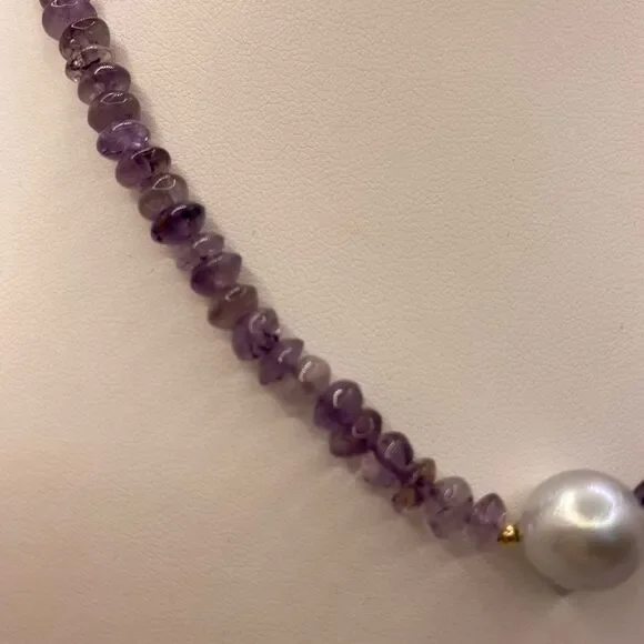 14k Amethyst Bead Necklace with Pearl - Picture 6 of 12